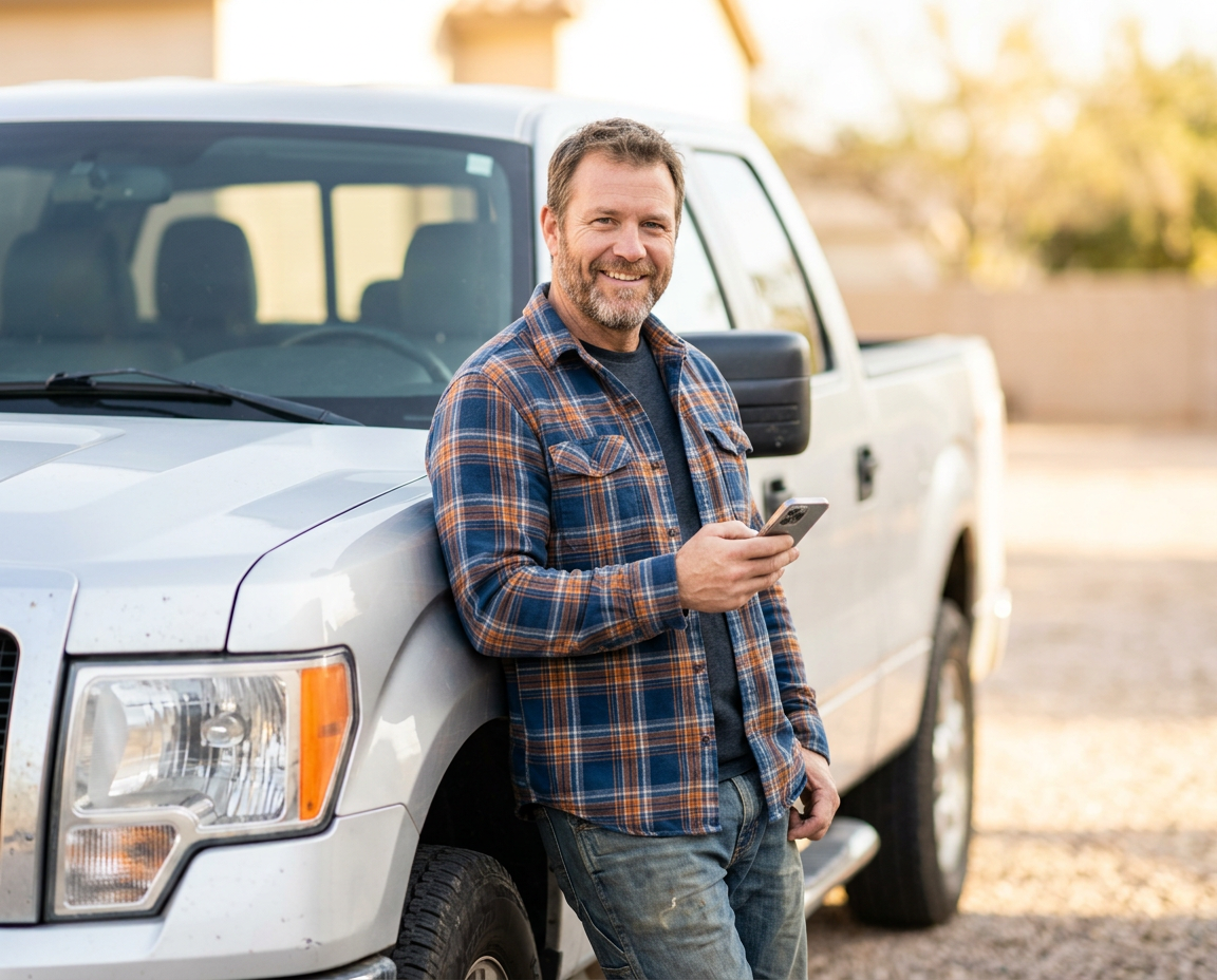 Truck owner standing by his pickup ready to take a hauling job