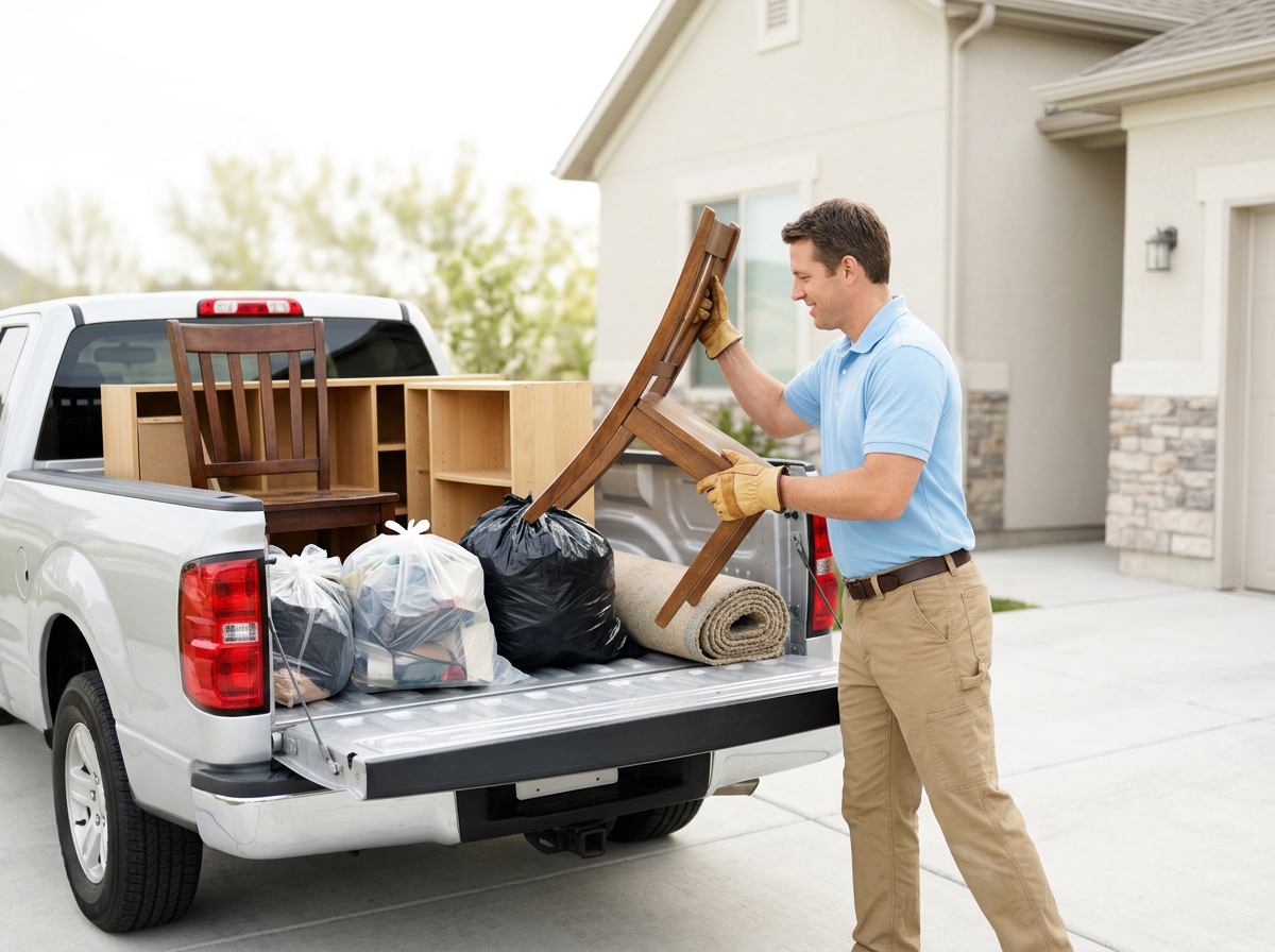 Old furniture and junk loaded onto a truck for removal