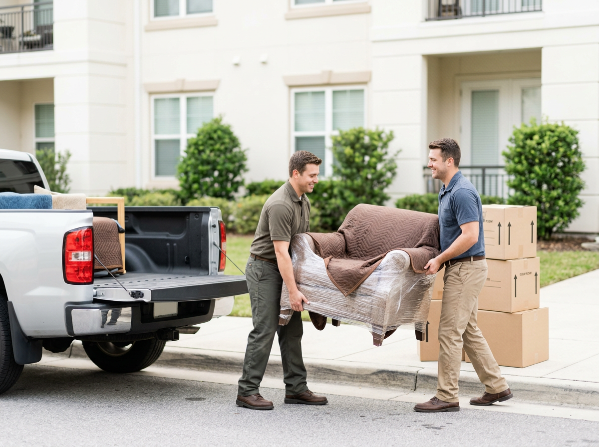 Movers loading furniture into a pickup truck